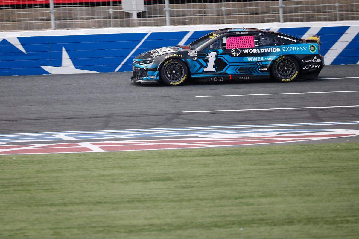 NASCAR Cup Series driver Ross Chastain (1) wins the second stage during the Bank of America Roval 400 at Charlotte Motor Speedway in Charlotte, N.C., Sunday, Oct. 9, 2022.
