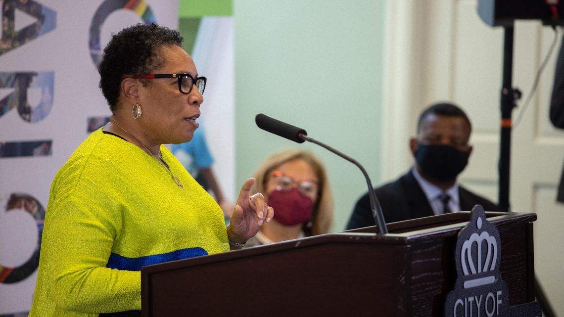 HUD Secretary Marcia Fudge speaks during a visit to the Residences at Renaissance in west Charlotte on Sept. 28, 2021.