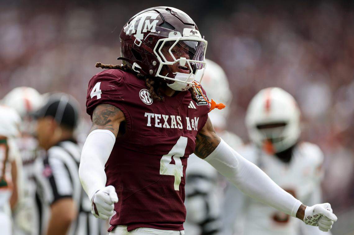 Texas A&M’s Will Lee III reacts after a tackle against the Miami Hurricanes during a College Football Playoff first-round game on Dec. 20, 2025, in College Station, Texas. 