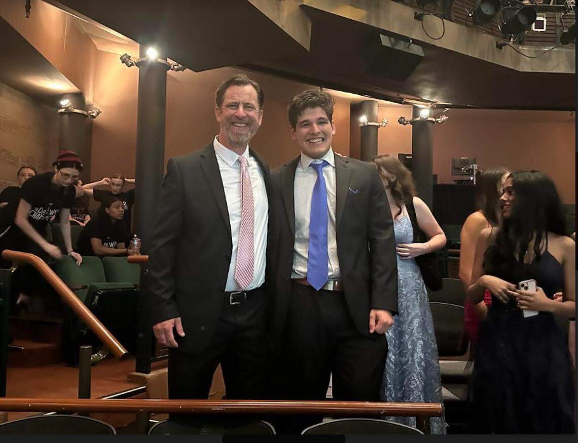 Josh Moraja with Weddington High drama teacher Dave Blamy at Belk Theater, right after winning a Blumey Award for Best Supporting Actor. “I was still in shock,” Moraja said.
