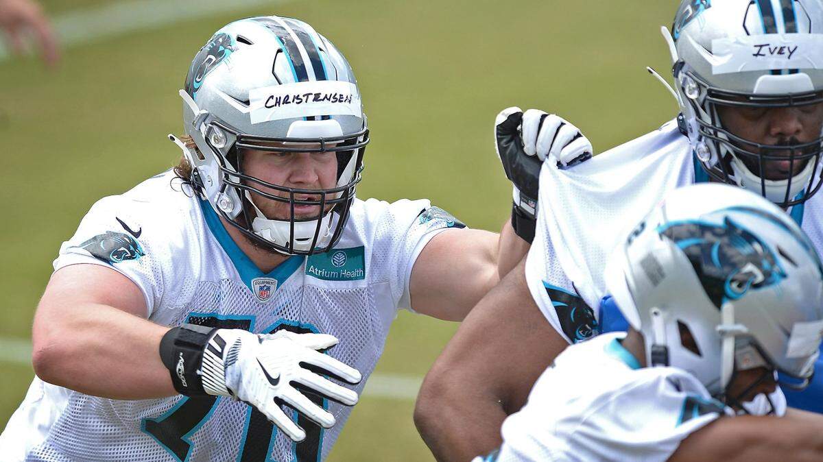 Carolina Panthers rookie Brady Christensen, left, filled in at guard and tackle on the offensive line this past season.