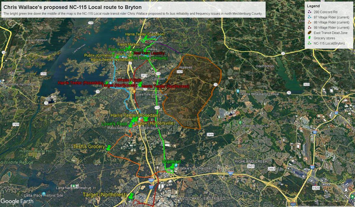 The bright green line down the middle of the map shows transit rider Chris Wallace’s ideal solution to better frequency and reliability of service for Charlotte’s bus system.