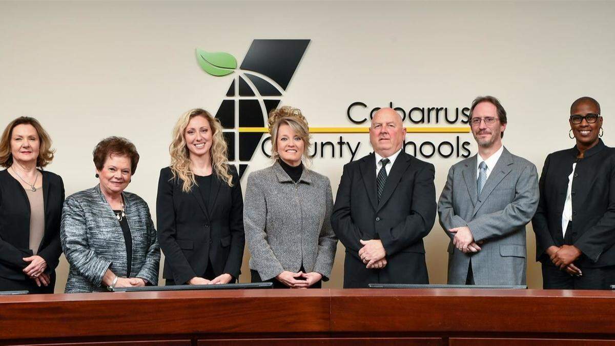 The Cabarrus County Board of Education had its vice-chairwoman, Laura Blackwell, read an oral-sex passage aloud from the 2005 teen novel “Looking for Alaska” on Monday, Sept. 12, 2022. From left are members Denise Adcock, Carolyn Carpenter, Blackwell, Chair Holly Grimsley, Tim Furr, Rob Walter and Keshia Sandidge.