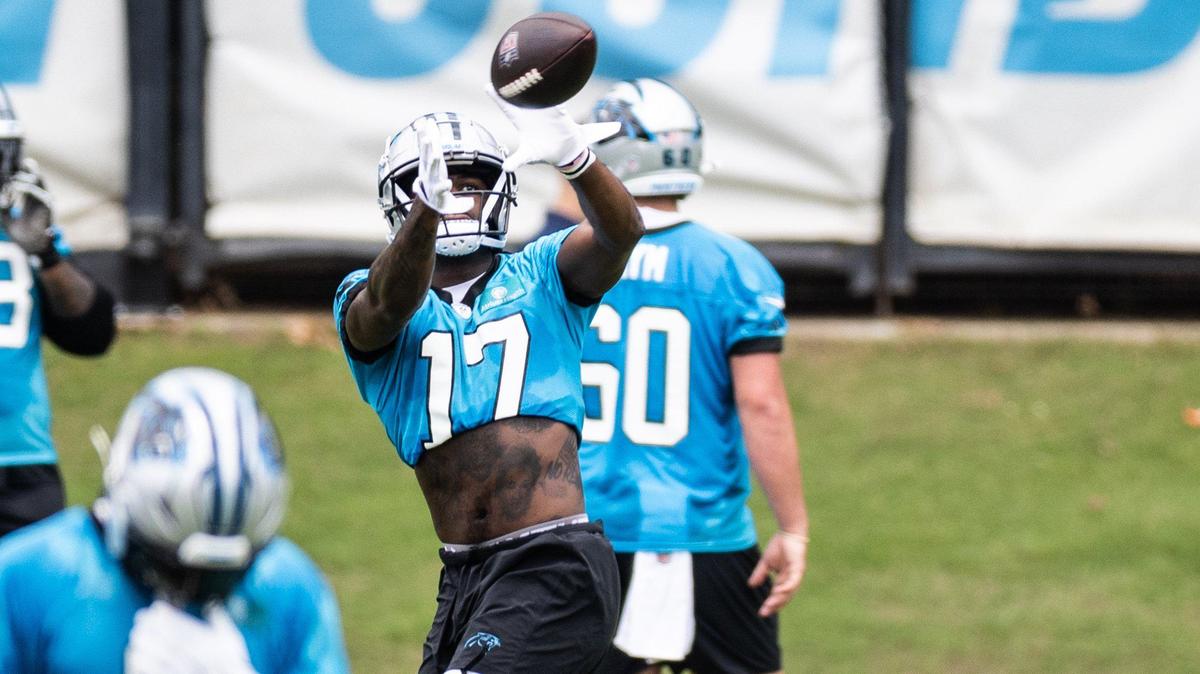 Carolina Panthers Xavier Legette catches a ball at practice in Charlotte, N.C., on Monday, May 20, 2024.