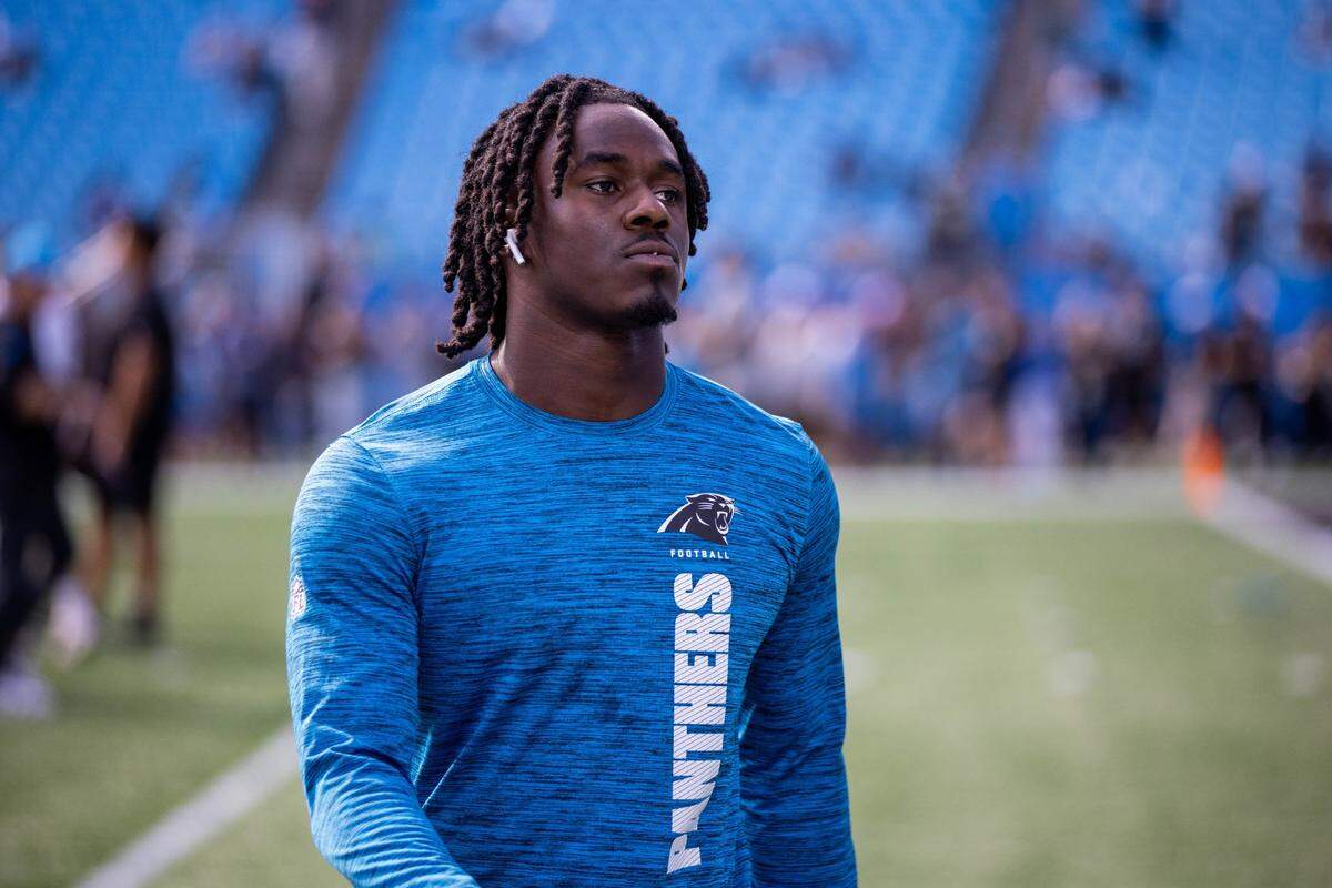 Nov 3, 2024; Charlotte, North Carolina, USA; Carolina Panthers cornerback Chau Smith-Wade (26) during pre game warm ups against the New Orleans Saints at Bank of America Stadium. Mandatory Credit: Scott Kinser-Imagn Images