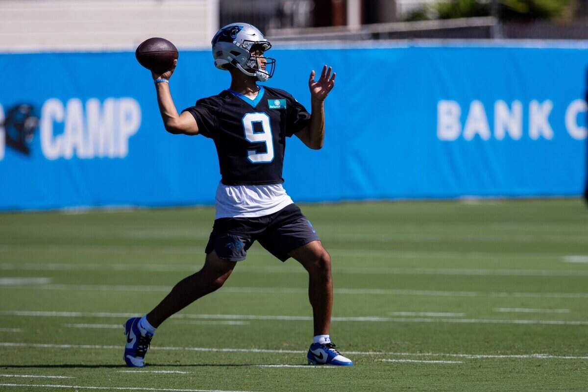 Jul 23, 2025; Charlotte, NC, USA; Carolina Panthers quarterback Bryce Young (9) throw the ball during Panthers Training Camp. Mandatory Credit: Scott Kinser-Imagn Images