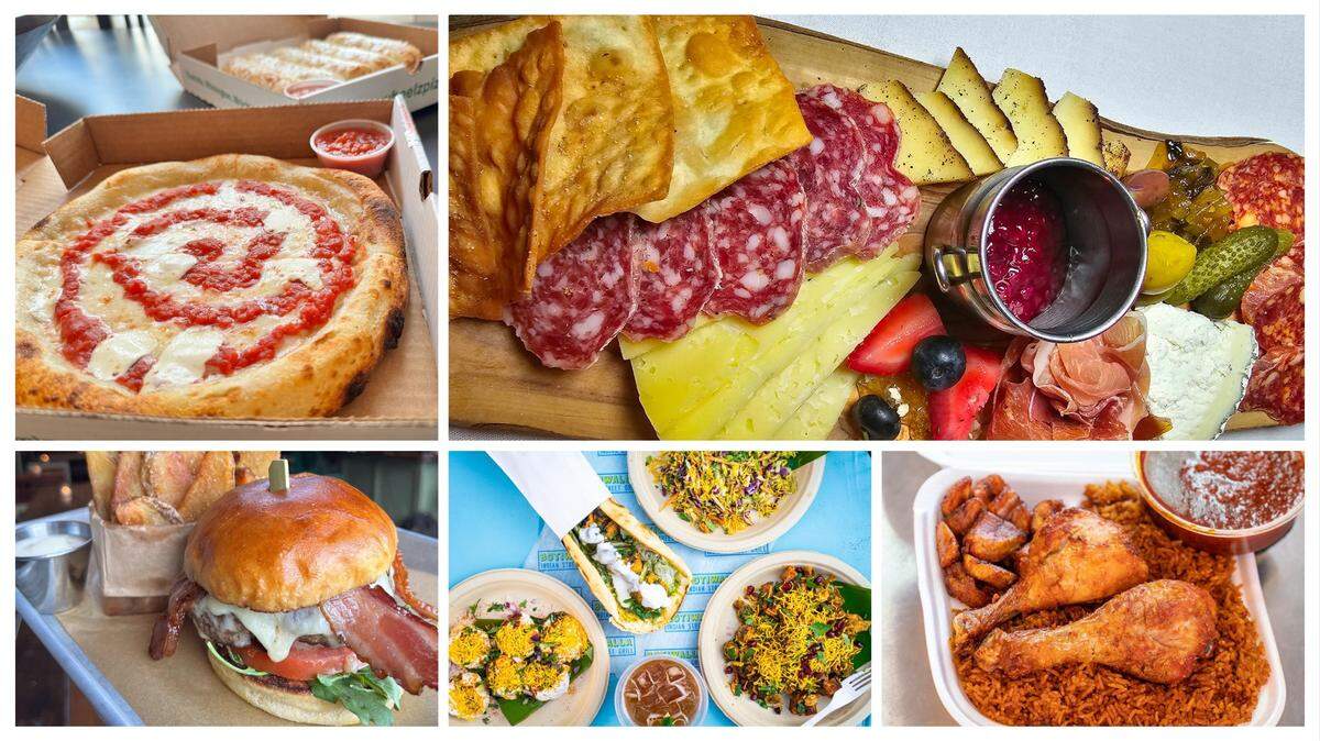 Some of 2023’s most memorable meals in Charlotte include, from top left: Wheelz Pizza, Barrel + Fork, The Workman’s Friend, Botiwalla and Mama Gee’s