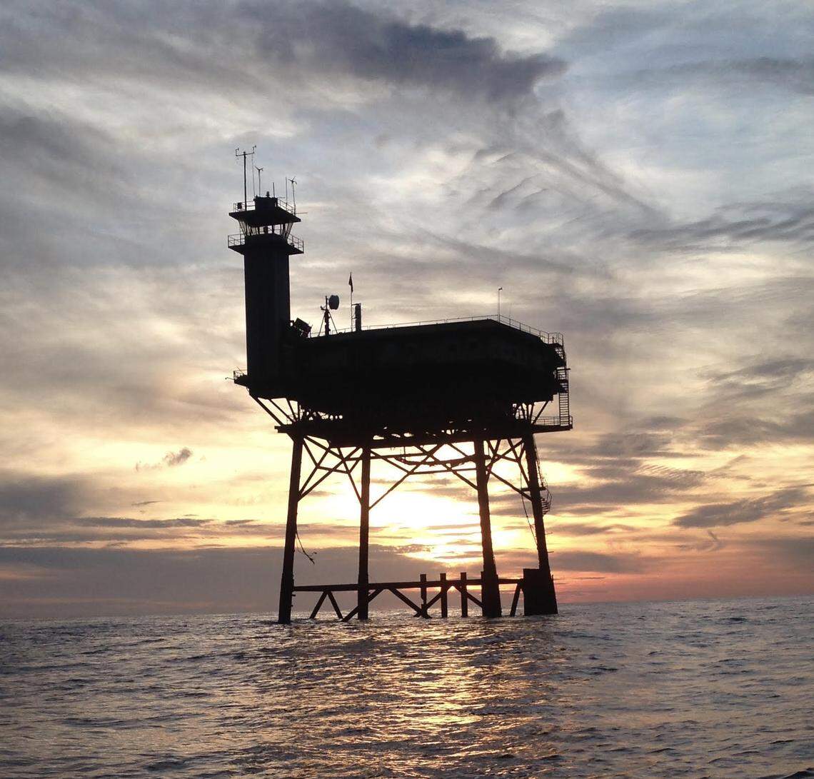 The tower at Frying Pan Shoals, as seen from a jet ski.