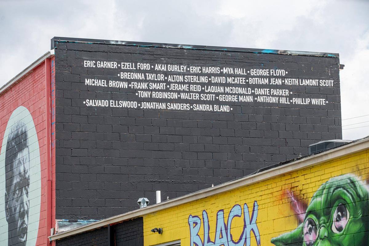 Alex DeLarge has done a series of murals at Noda Deli on North Davidson Street. This one lists names of Black Americans who were killed by police officers.