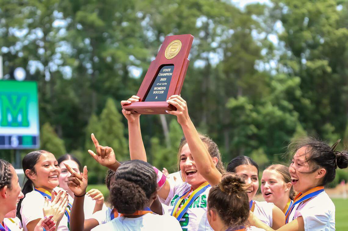 Mountain Island Charter celebrates midfield after securing the win at the 1A NCHSAA girls’ soccer state championship at the Sportplex on May 31st, 2025 in Matthews, NC