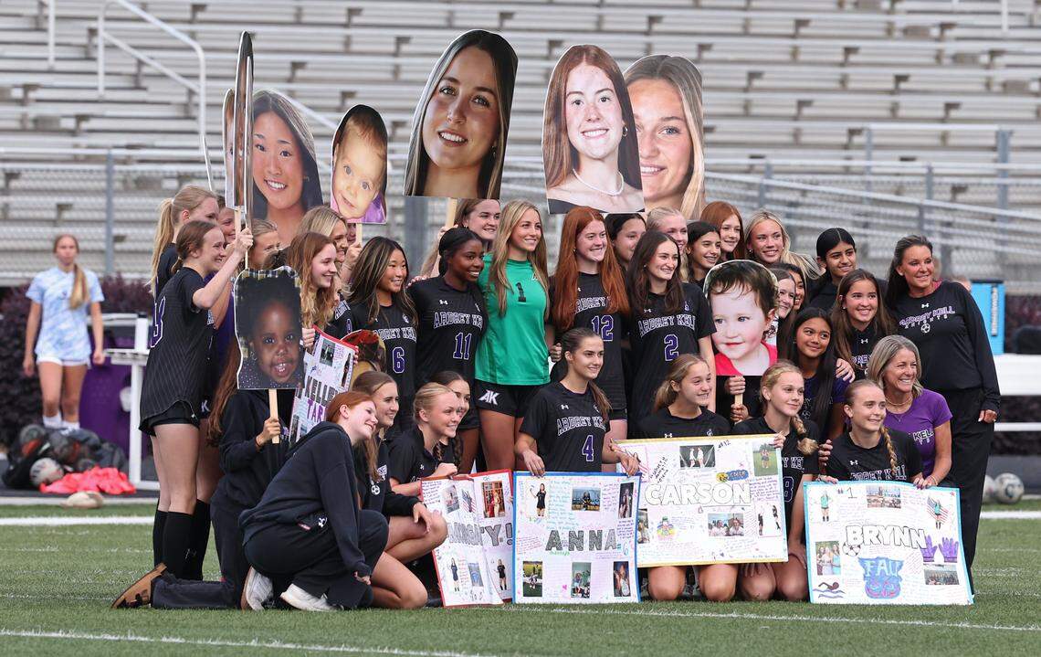 Members of the Ardrey Kell girls soccer team celebrate the senior members of the team prior to action against Ballantyne Ridge on Tuesday, April 28, 2026. Ardrey Kell defeated Ballantyne Ridge 1-0.