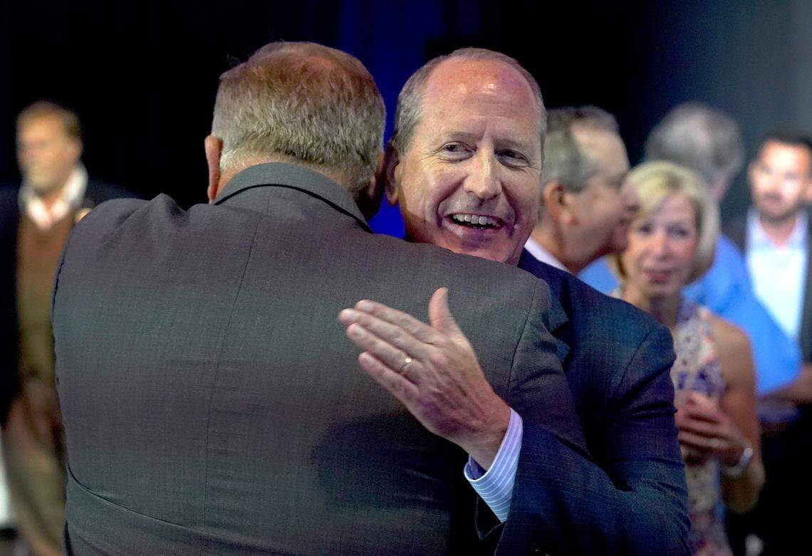Dan Bishop, facing camera, then a Republican candidate for the 9th Congressional District in North Carolina hugs a supporter in Monroe, NC on Tuesday, September 10, 2019 shortly after the polls closed.