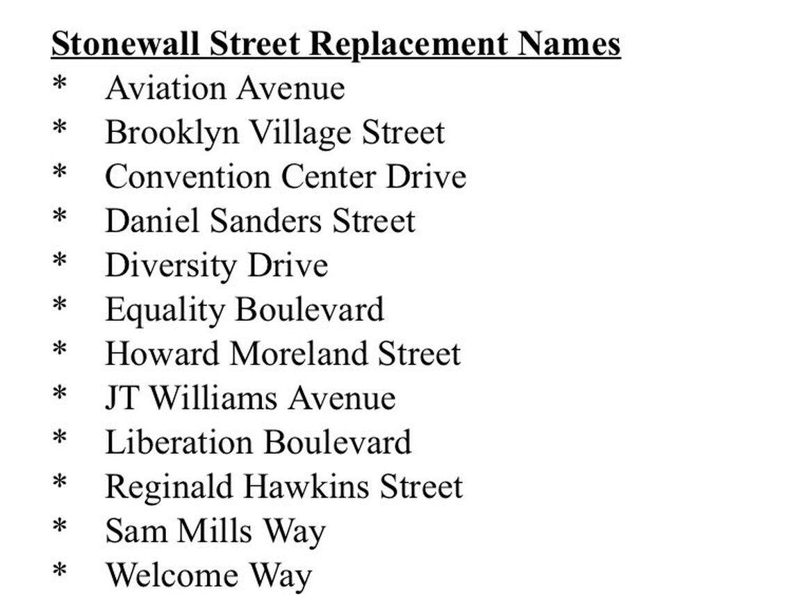 List of possible replacement names for Stonewall Street.