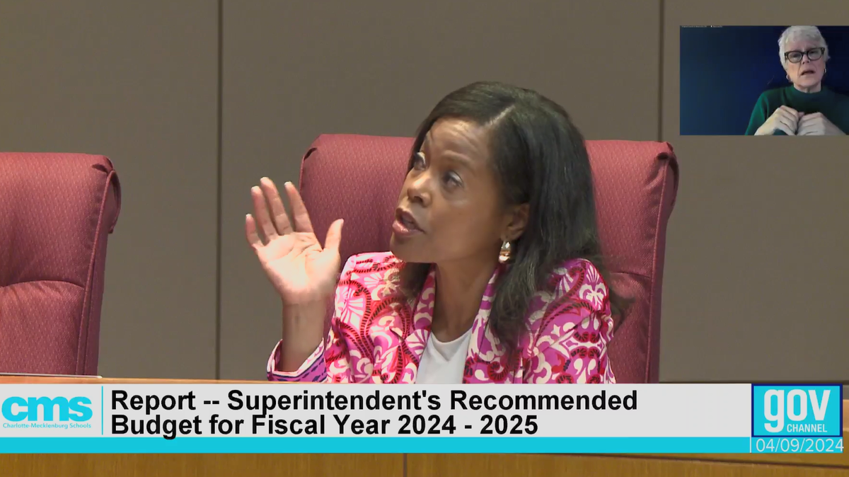 Charlotte-Mecklenburg Schools Superintendent Crystal Hill answers school board member questions earlier in April during the presentation of her 2024-2025 recommended budget