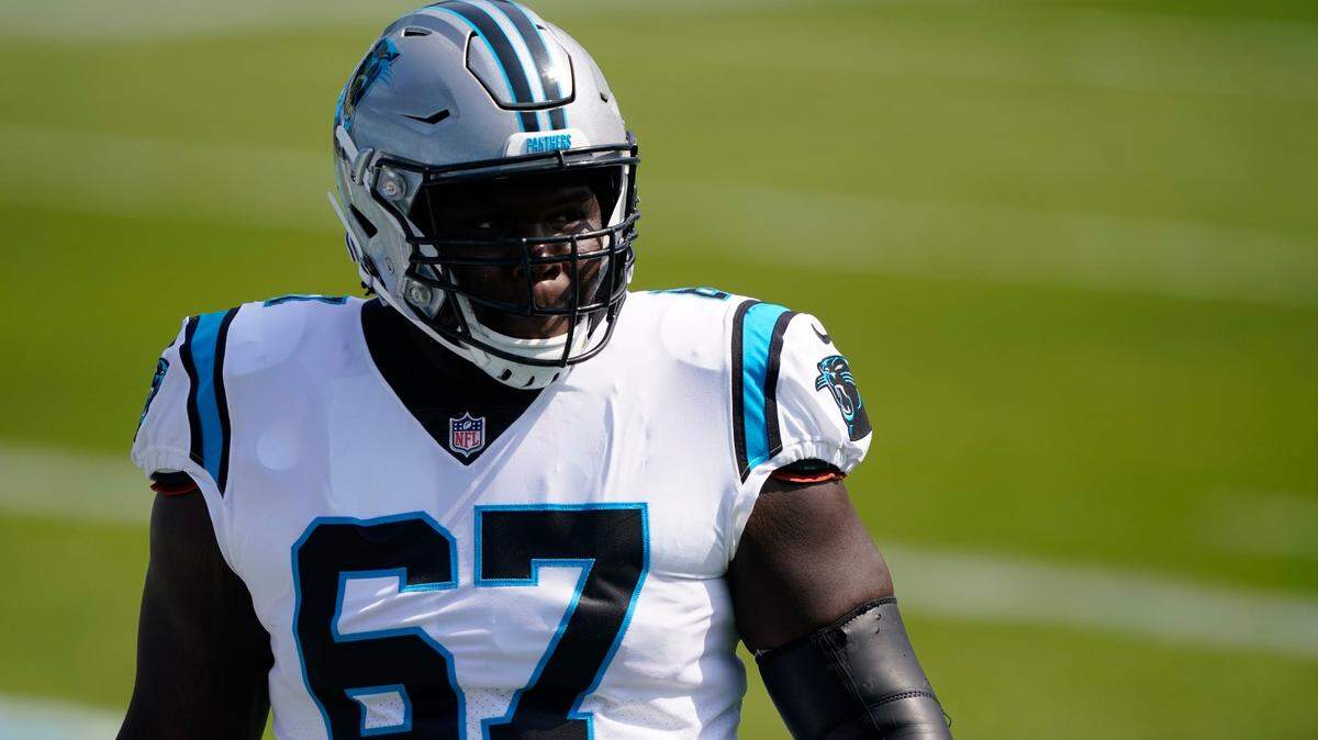 Carolina Panthers offensive guard John Miller (67) warms up before the start of an NFL football game against the Arizona Cardinals Sunday, Oct. 4, 2020, in Charlotte, N.C. (AP Photo/Brian Blanco)