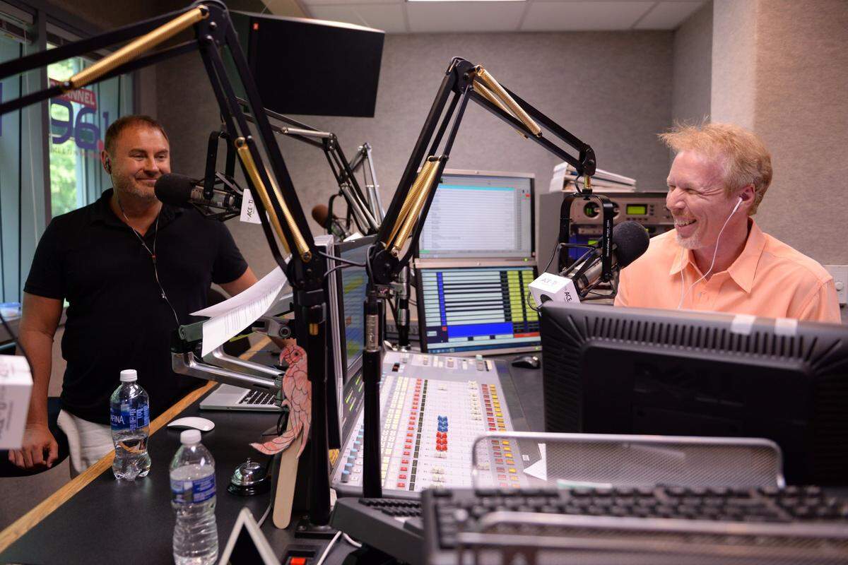 TJ, left, and Ace, photographed during the broadcast of a morning show in 2017 when they worked at Hits 96.1.