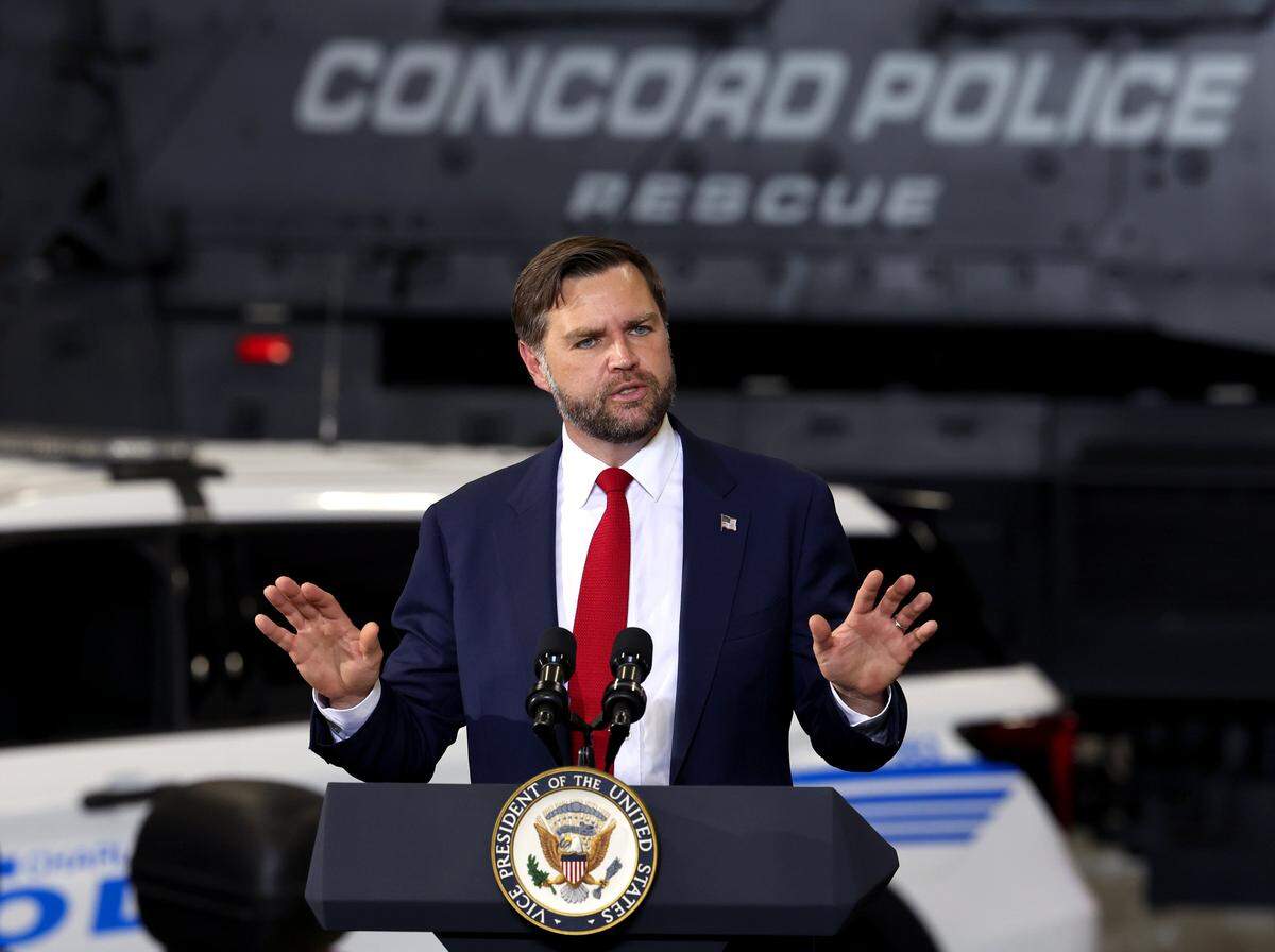 Vice President JD Vance speaks to attendees about the death of Iryna Zarutska, Charlie Kirk and the administration’s tax cuts for working families and commitment to empowering state and law enforcement during a speech at the DKAP Hanger at Concord Padgett Regional Airport in Concord, NC on Wednesday, September 24, 2025.