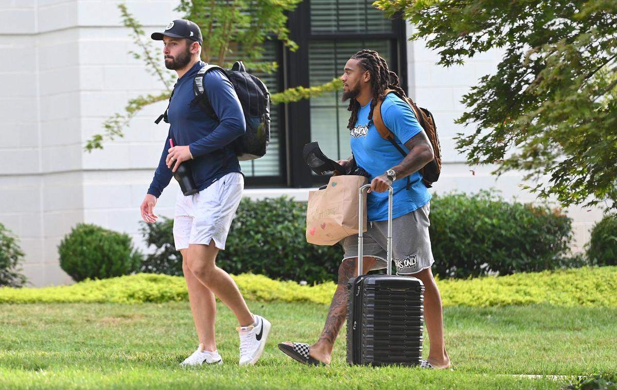 Carolina Panthers coach Matt Rhule said he relies on linebacker Shaq Thompson (right) to help him take the pulse of the team.