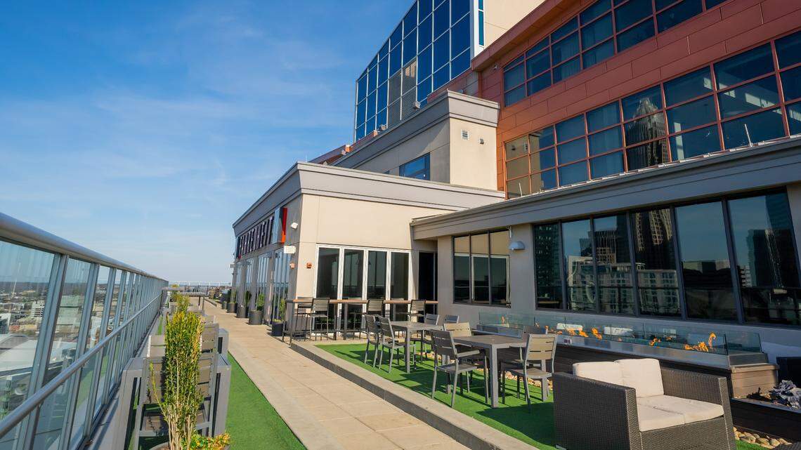 Fahrenheit’s rooftop patio offers sweeping views over uptown Charlotte.