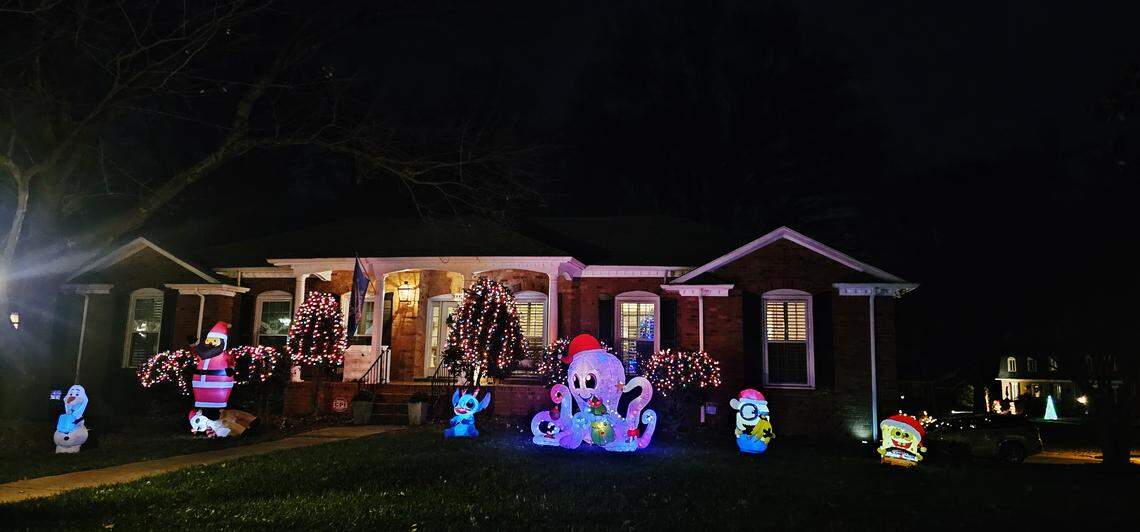 A single-story brick house at night with a whimsical holiday light display focused on inflatable and cutout characters. The lawn features several nontraditional Christmas figures wearing Santa hats, including an octopus, a blue alien-like character, and a snowman, alongside heavily lit bushes and trees.