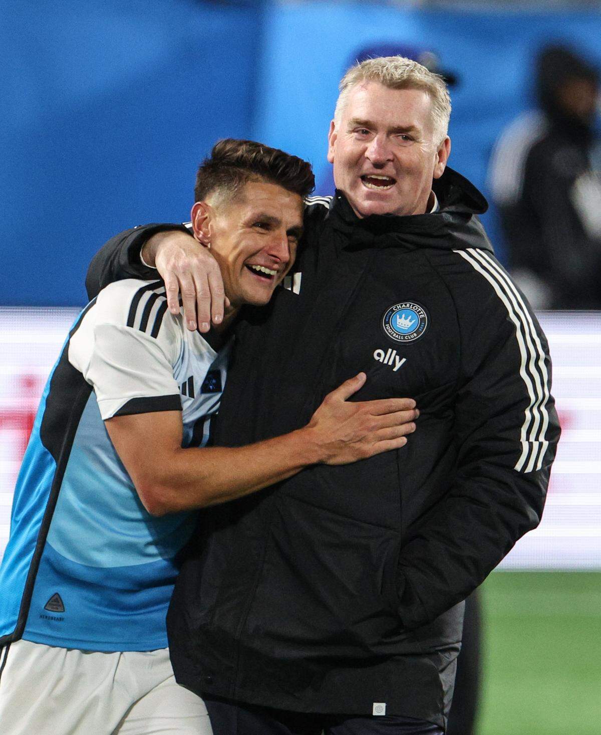 Charlotte FC’s Ashley Westwood, left, shares in a celebratory hug with head coach Dean Smith in 2024.