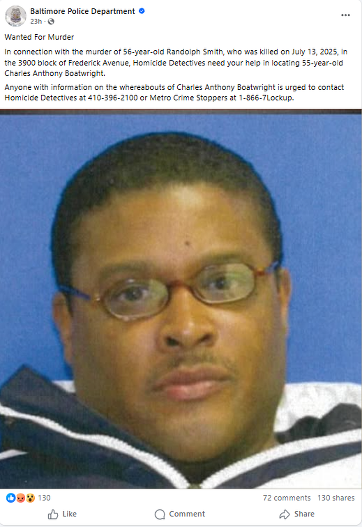 An Oct. 9, 2025, post by the Baltimore Police Department about a murder suspect released from the Mecklenburg County jail.