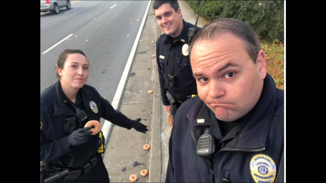 Police in Brookhaven, Georgia, asked for “thoughts and prayers” Tuesday, after a 911 call summoned officers to a large spill of Krispy Kreme doughnuts after a truck mishap.