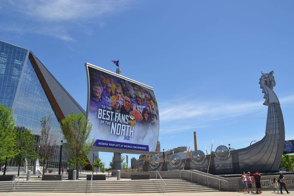 U.S. Bank Stadium has a large outdoor plaza, along with a replica Vikings ship and big-screen television.