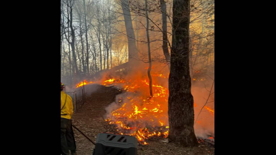 Damage from Hurricane Helene created a wealth of fuel for wildfires in Polk County, experts say. This image was taken by volunteers from Gastonia, NC, who are helping to contain the fire.