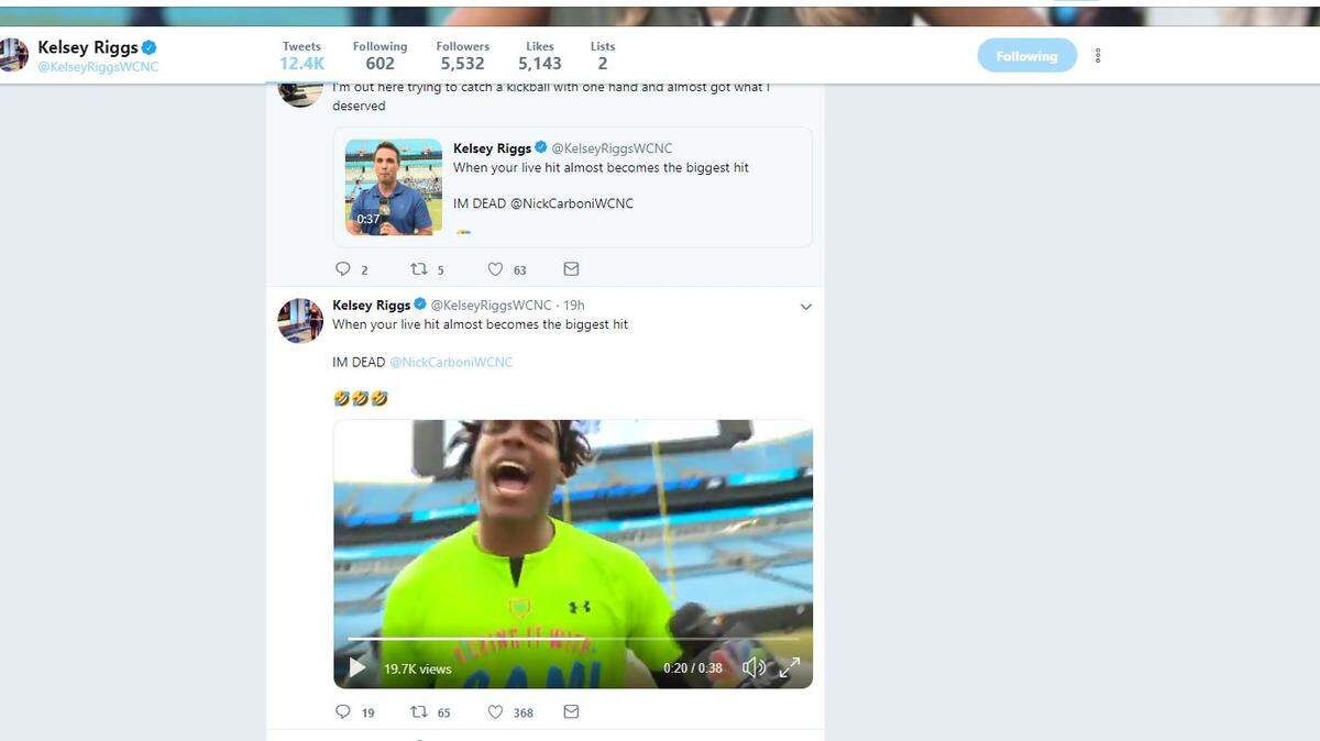 Unsuspecting WCNC-TV sports anchor Nick Carboni was reporting live at QB Cam Newton’s kickball event on the field of Bank of America Stadium when one of balls hurled toward his head, away from his line of sight.