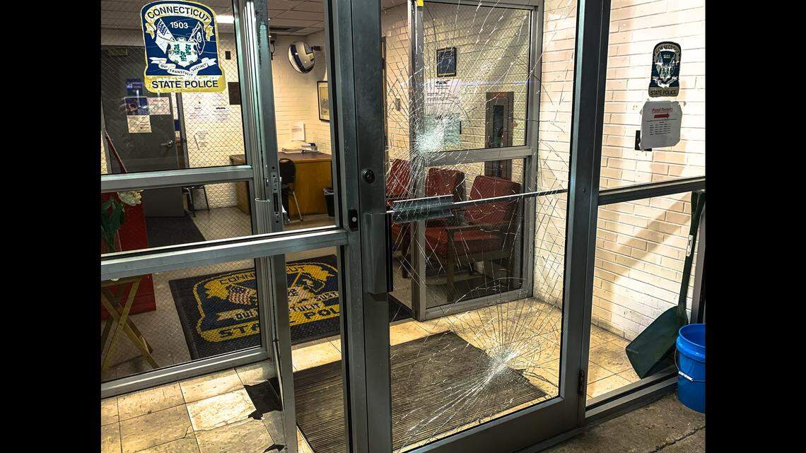 A road-rage victim who went to a Connecticut State Police station Sunday seeking help ended up in jail, after failing a breathalyzer test and smashing the front doors, according to state police.