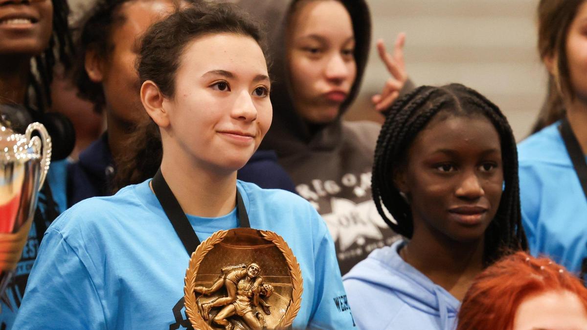 Ballantyne Ridge Wolves Sofia Salas holds the MVP trophy at Ballantyne Ridge High School in Charlotte, N.C., on Thursday, January 23, 2025.