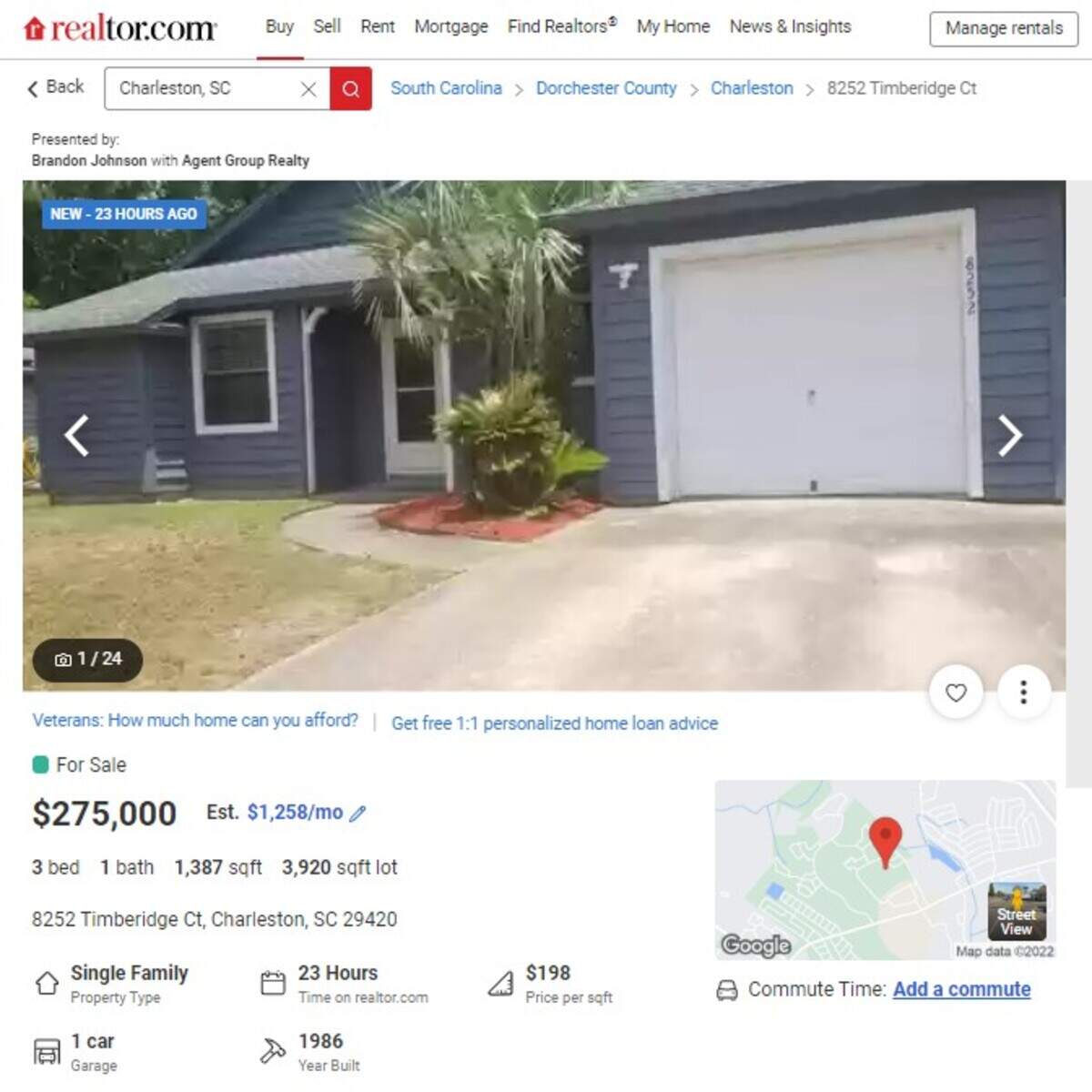 This three-bedroom house in Charleston, South Carolina, is listed at $275,000.