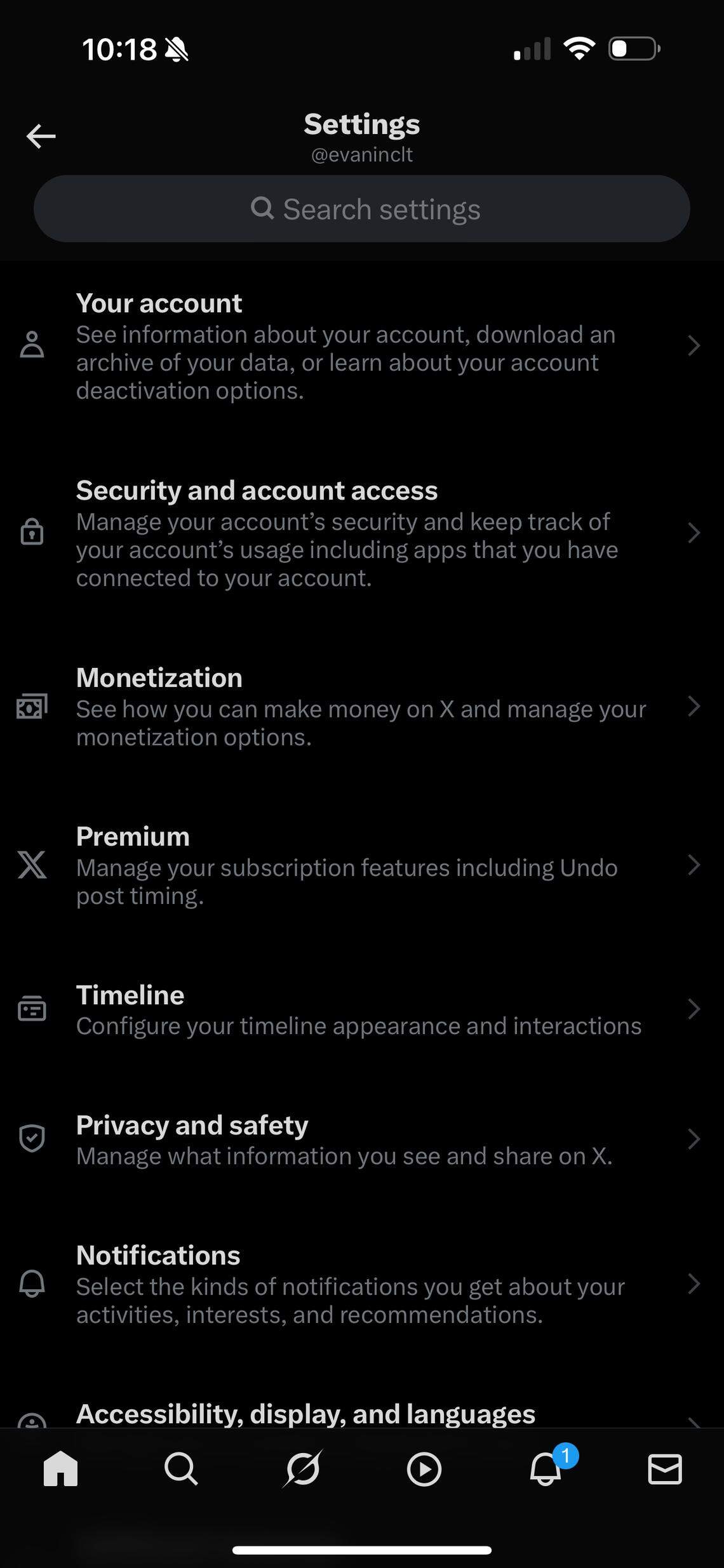 This screenshot shows the “Settings” menu on the X app.
