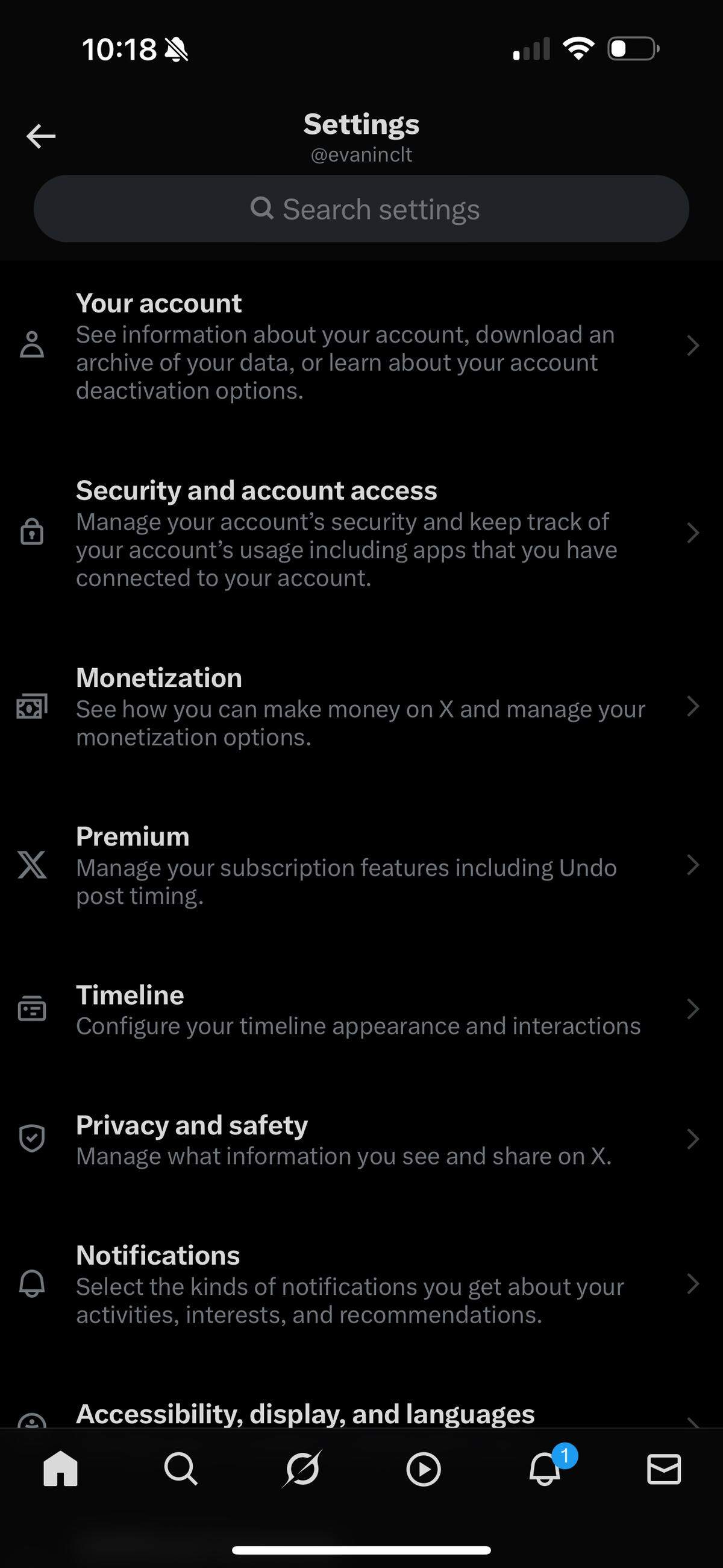 This screenshot shows the “Settings” menu on the X app.