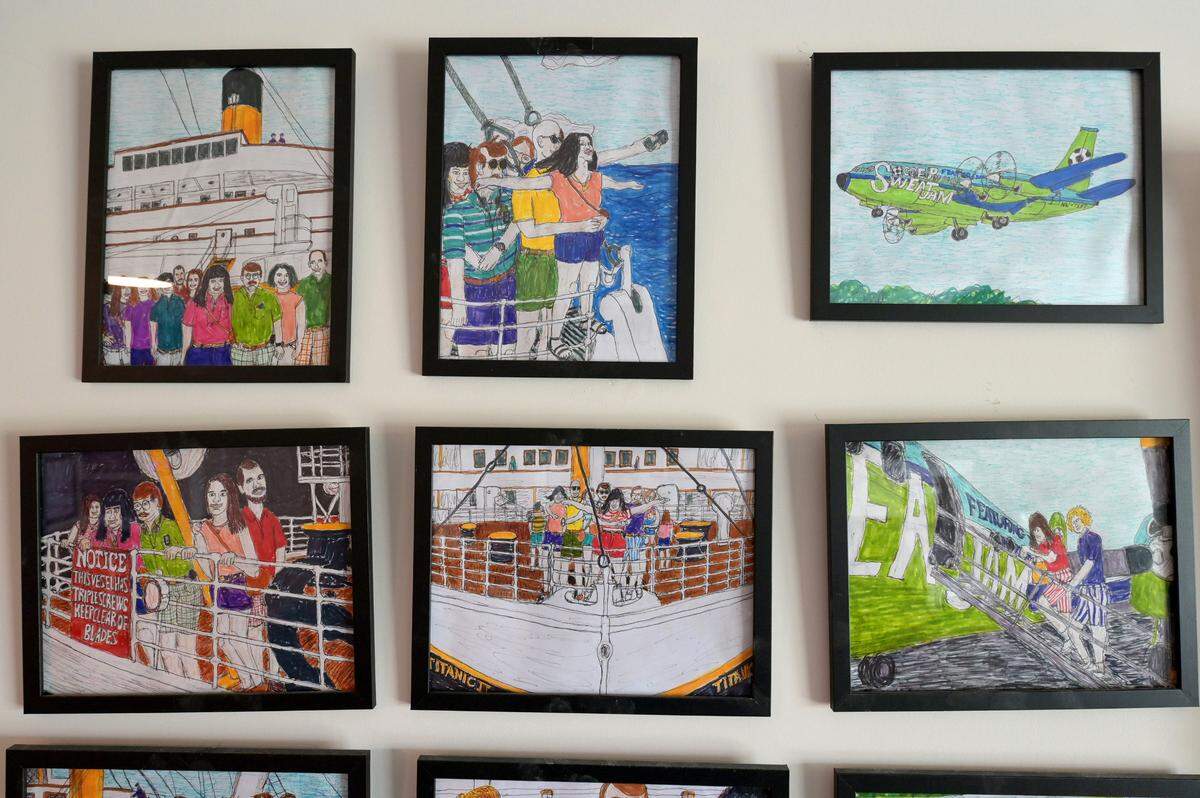 A portion of Jacky Claiborne’s art shows him aboard the Titanic and the travels of his imaginary rock band.
