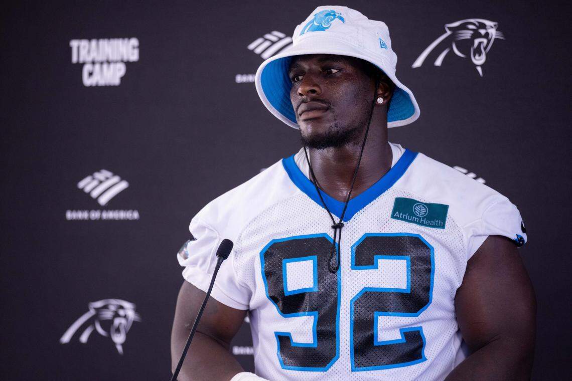 Jul 24, 2025; Charlotte, NC, USA; Carolina Panthers defensive tackle Tershawn Wharton (92) talks to the media after practice at training camp. Mandatory Credit: Scott Kinser-Imagn Images