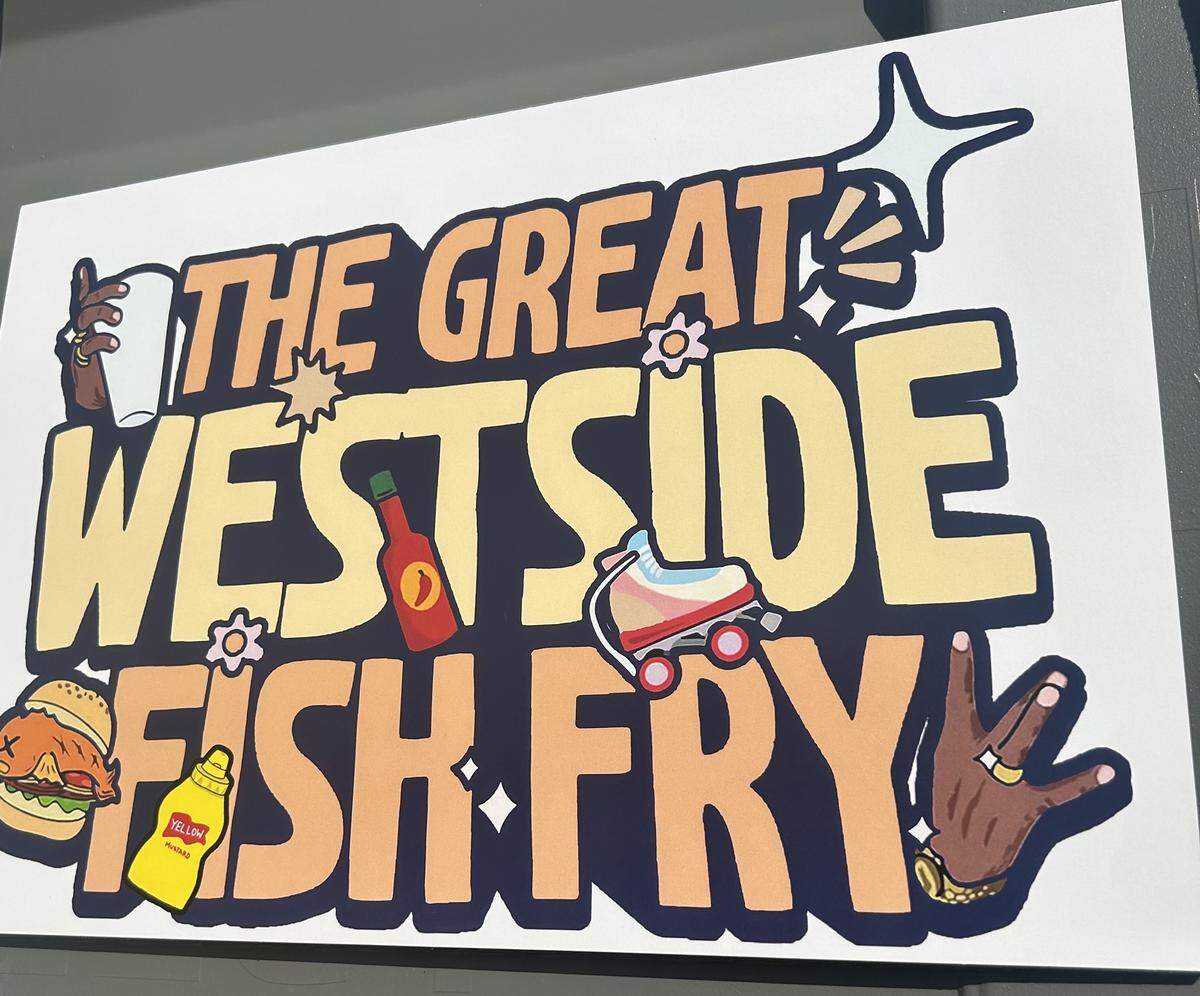 A vibrant, retro-style graphic poster for “THE GREAT WESTSIDE FISH FRY.” The text is rendered in bold, 3D block lettering with a warm color palette of peach, cream, and yellow against a dark navy background.