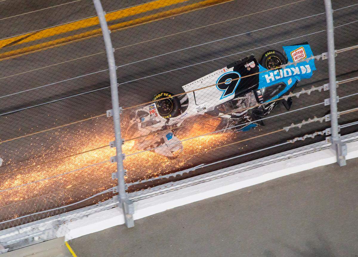 NASCAR Cup Series driver Ryan Newman (6) crashes on the last lap of the Daytona 500 at Daytona International Speedway. The race is being run on a Monday after raining out Sunday.