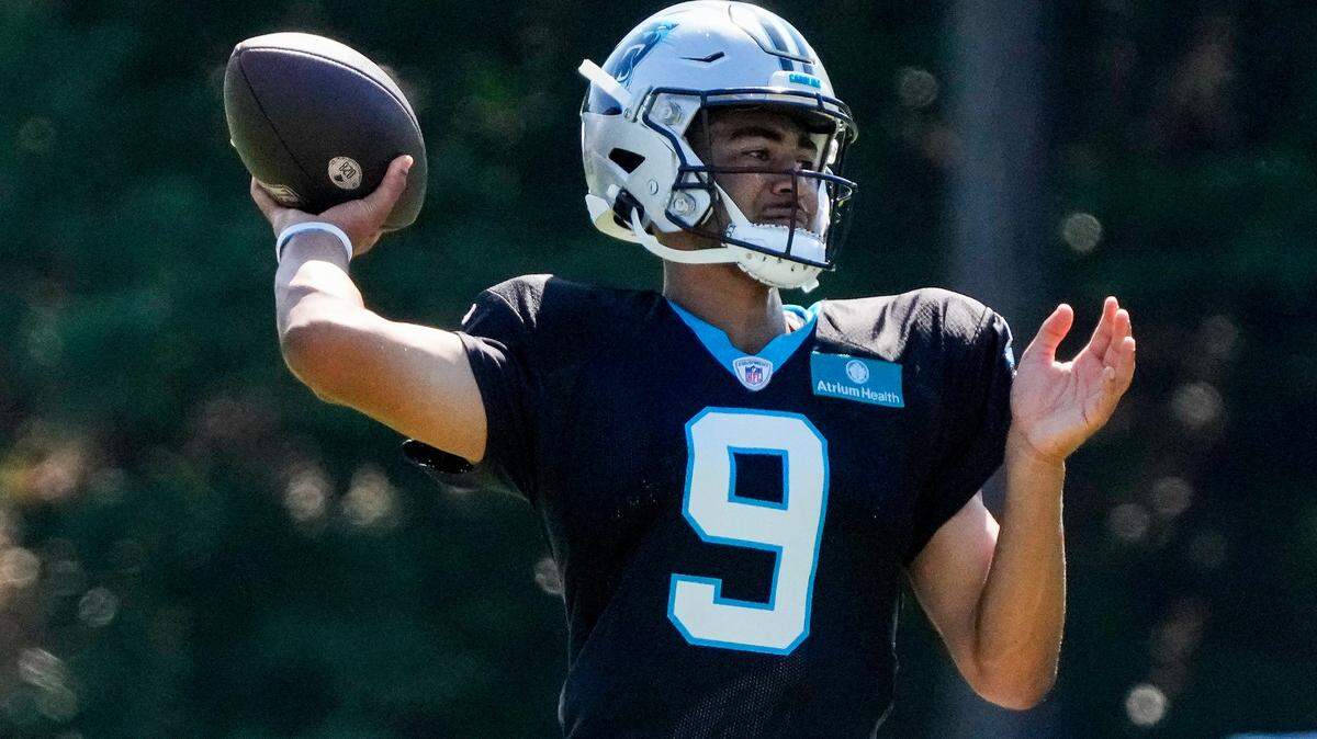 Carolina Panthers quarterback Bryce Young throws during training camp at Wofford College.