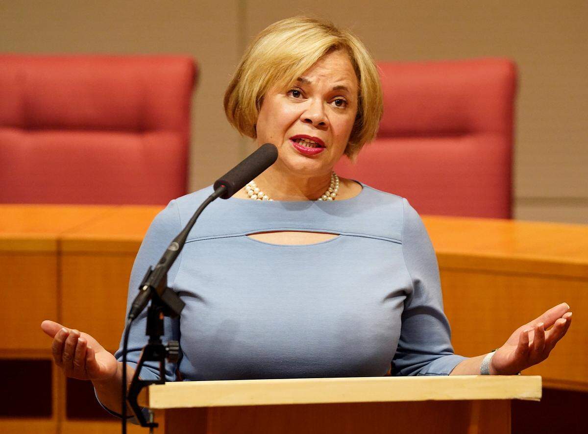 Charlotte Mayor Vi Lyles speaks following an announcement where Doug Lebda, founder and CEO of LendingTree is donating $1 million to a community-wide fund to assist those affected by the COVID-19 crisis.                                
