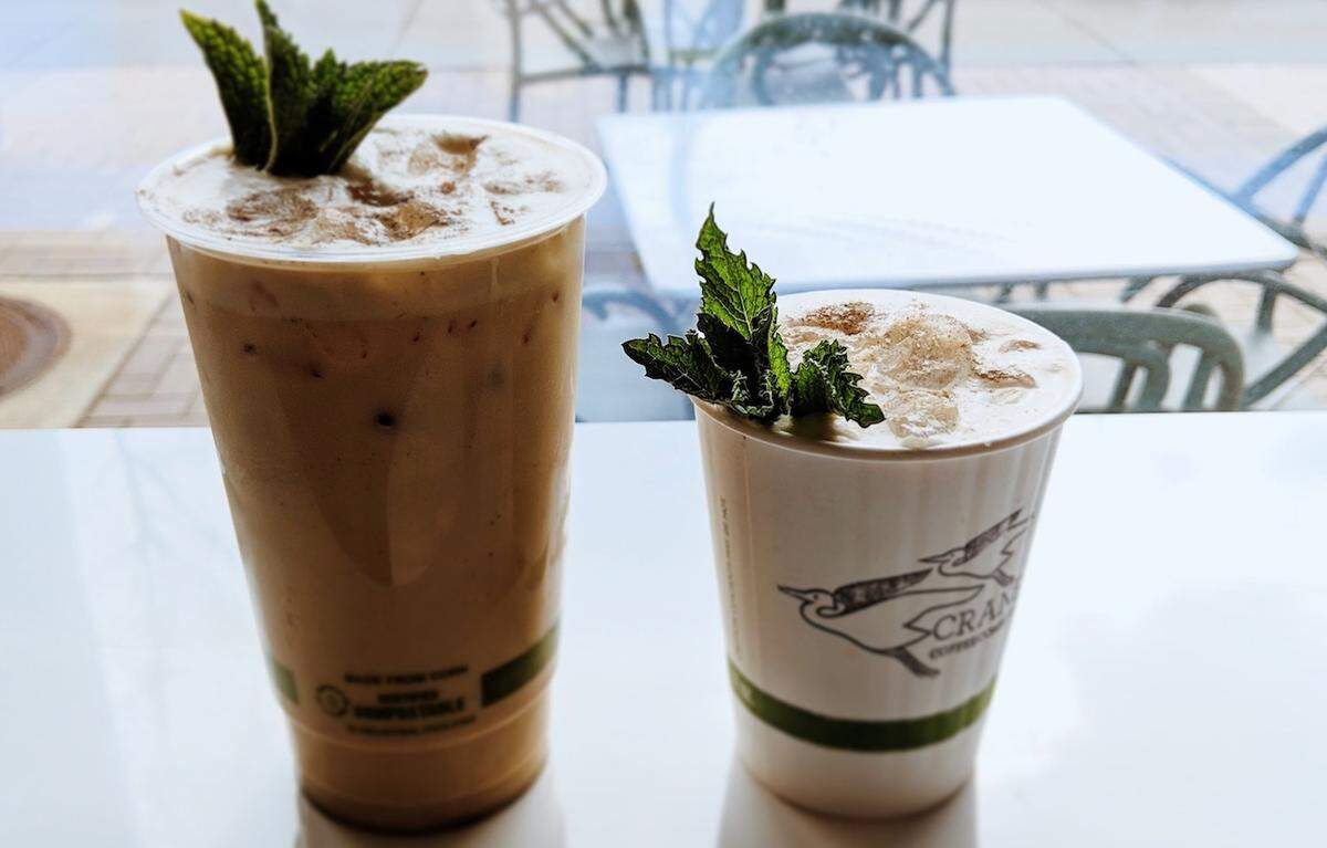 The Andes Mint Mocha at Crane Coffee features Ghirardelli cocoa powder, melted Andes Mint, peppermint simple syrup and fresh cream.
