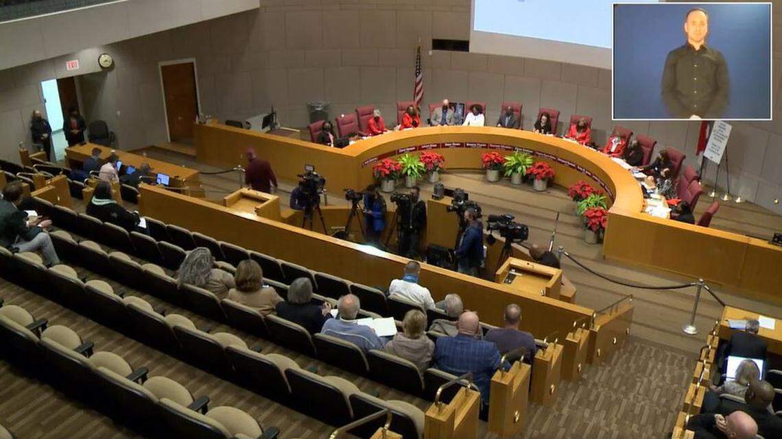 Image from live stream of Dec. 14, 2021 Charlotte-Mecklenburg Schools board meeting, where parents and students spoke out saying more has to be done on campuses to improve safety.