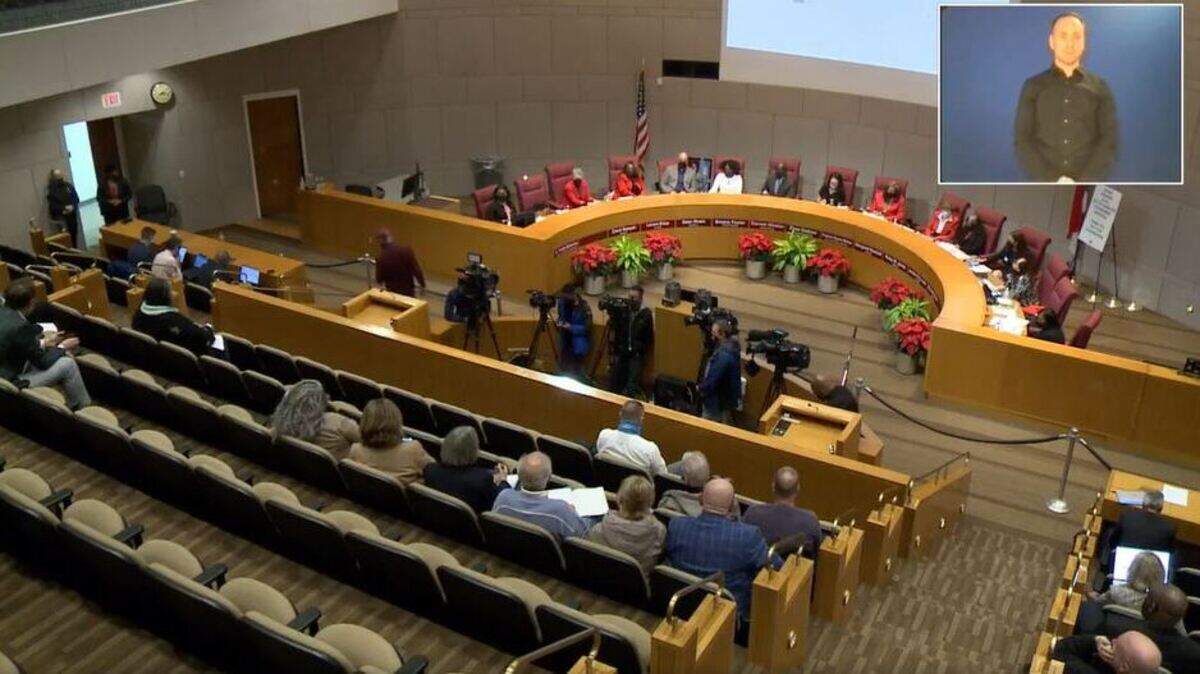 Image from live stream of Dec. 14, 2021 Charlotte-Mecklenburg Schools board meeting, where parents and students spoke out saying more has to be done on campuses to improve safety.