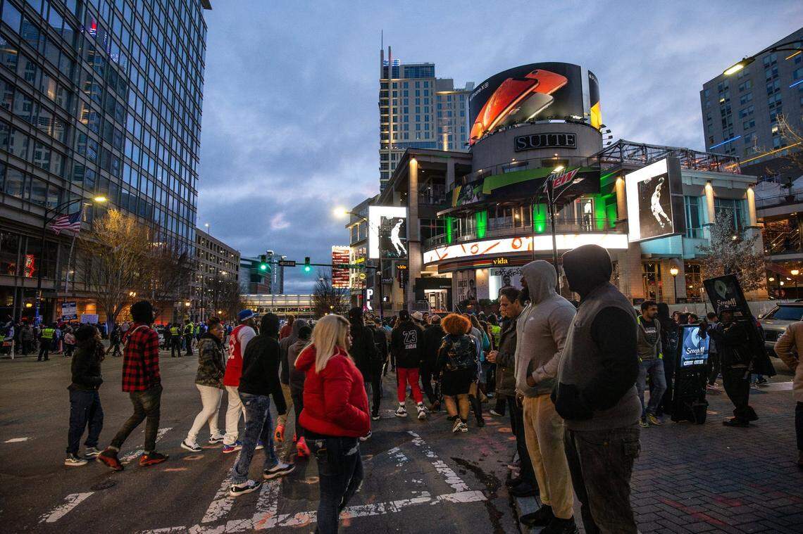 Fans crowded the Epicentre for events around All-Star Weekend in Charlotte on Saturday, February 16, 2019.