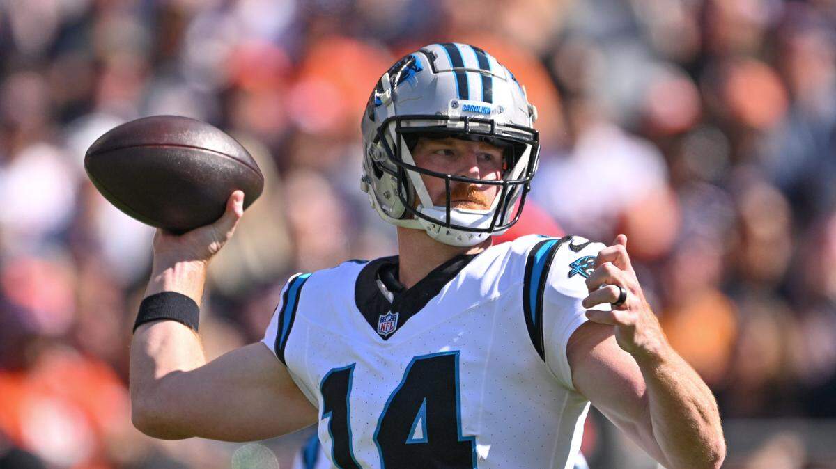 Carolina Panthers quarterback Andy Dalton (14) passes the ball against the Chicago Bears during Sunday’s second quarter at Soldier Field.