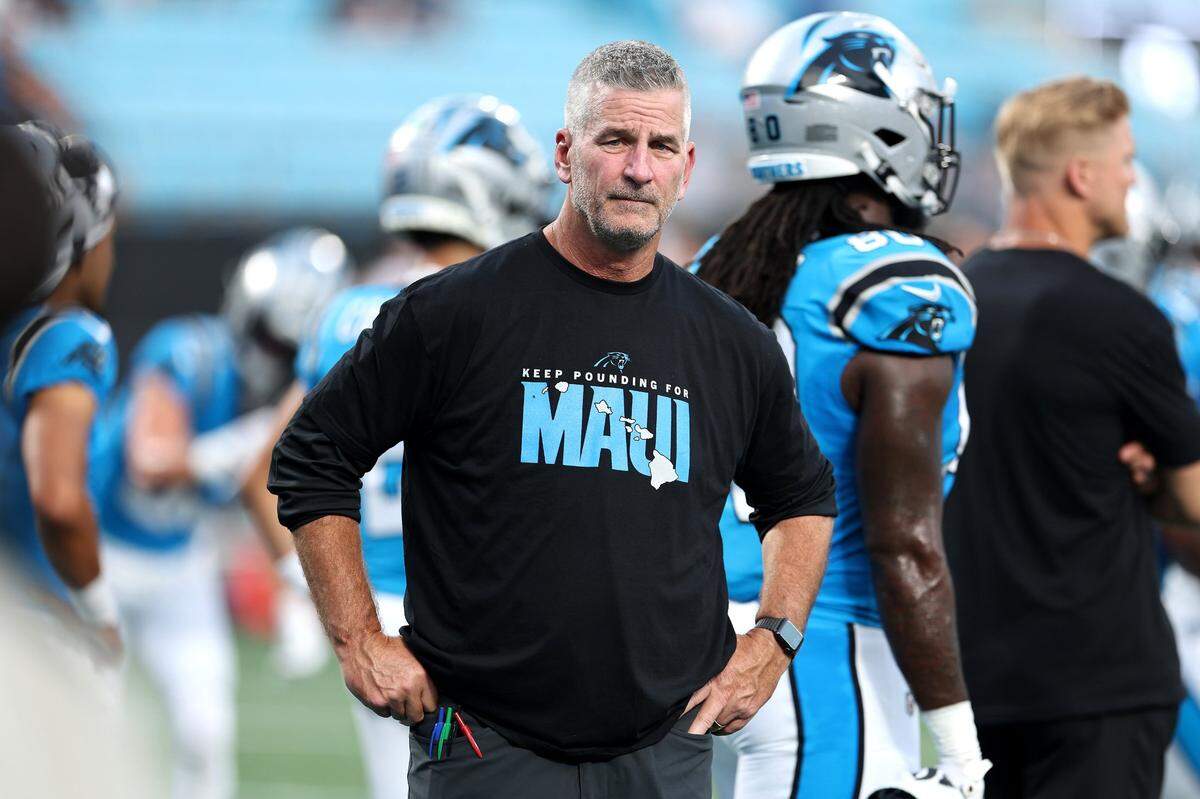 Carolina Panthers head coach Frank Reich and the team pay tribute to the victims of the tragic fires in Maui prior to action against the Detroit Lions on Friday, August 25, 2023 at Bank of America Stadium in Charlotte, NC.