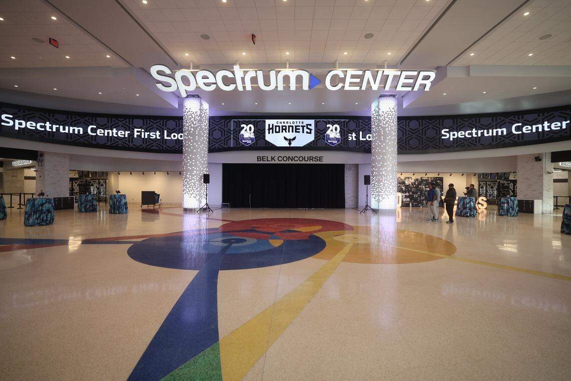 The newly renovated main lobby is shown during the Spectrum First Look in Charlotte, NC on Friday, October 17, 2025.