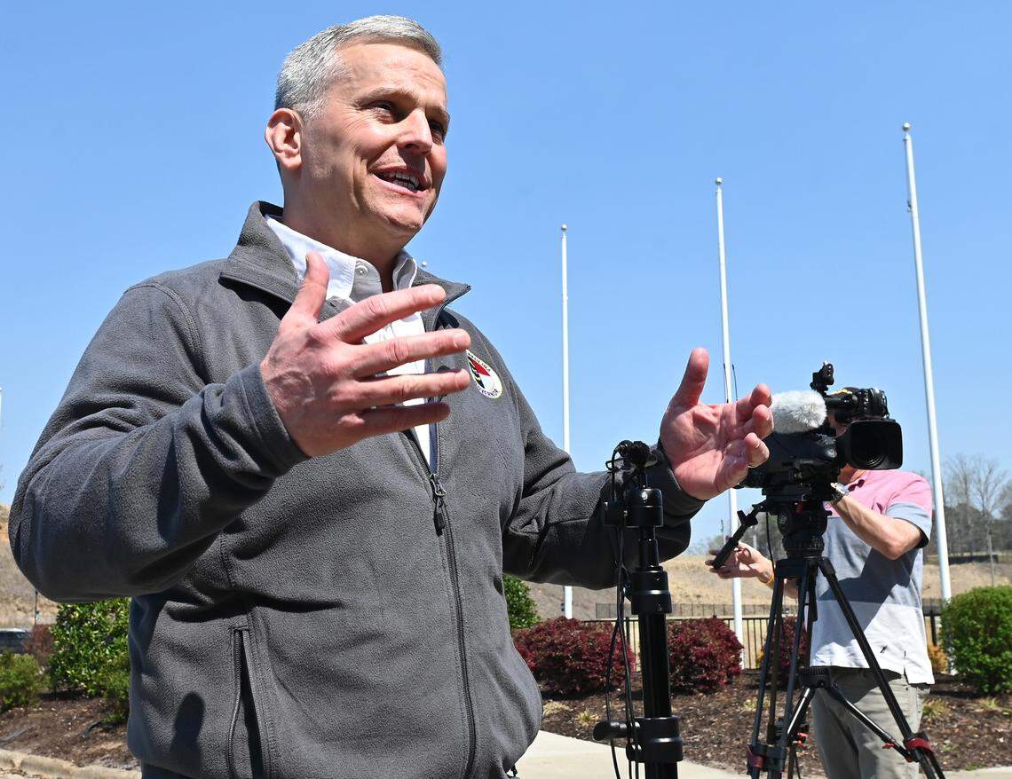 North Carolina Governor Josh Stein speaks to the media about the wildfire situation in Western North Carolina on Thursday, March 27, 2025. Wildfires threatening the area have caused some roads to be closed. Stein was briefed by local officials at the Tryon International Equestrian Center & Resort.