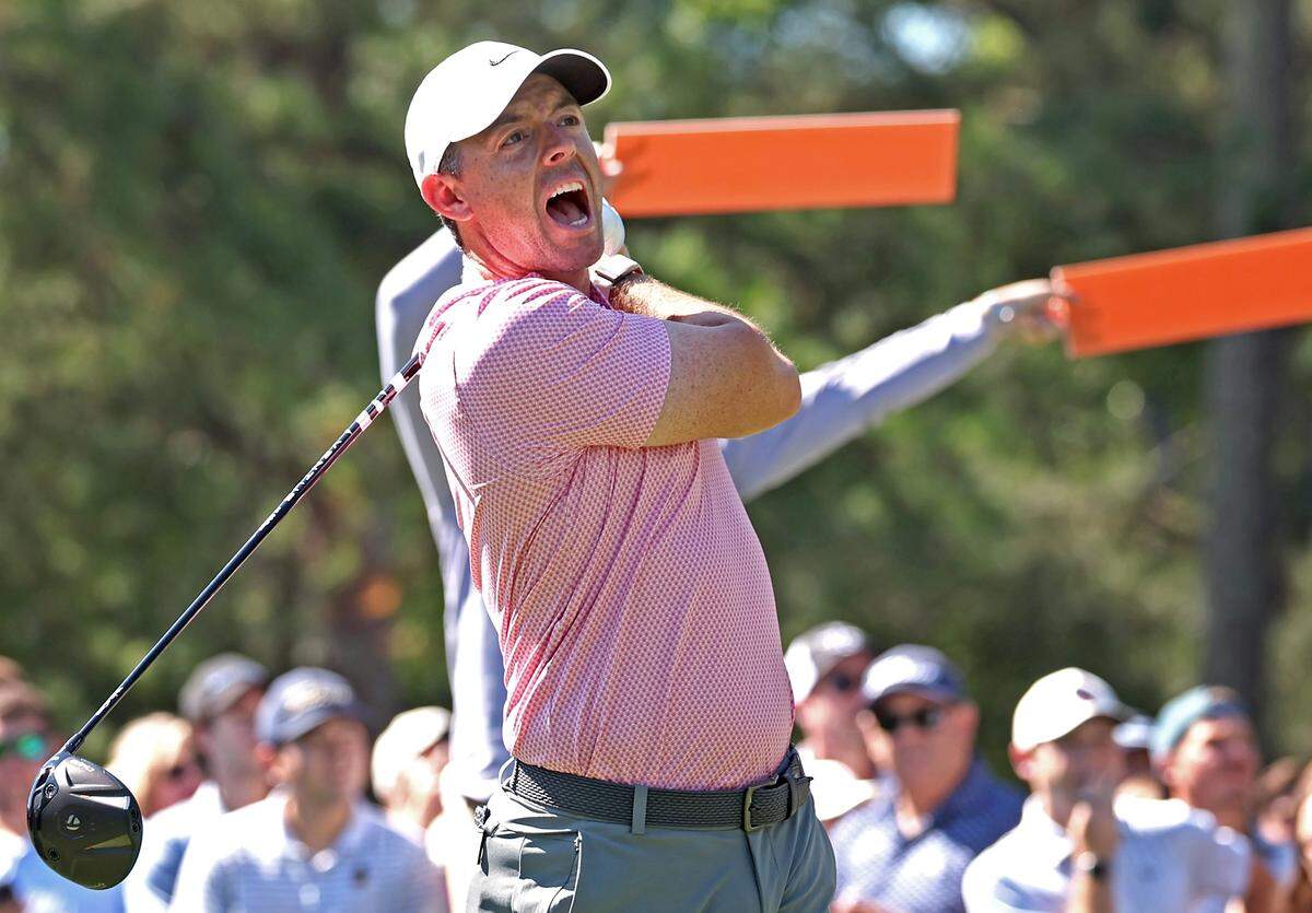 Rory McIlroy yells as his drive goes wide left from the third tee box during the final round of the Truist Championship at Quail Hollow Club in Charlotte, NC on Sunday, May 10, 2026.